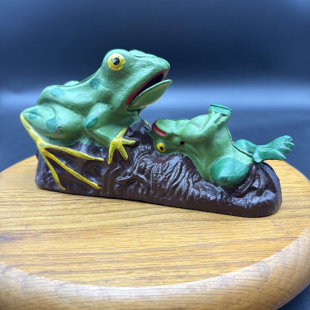 Vintage Reproduction Cast Iron Mechanical Two Frogs Coin Bank
